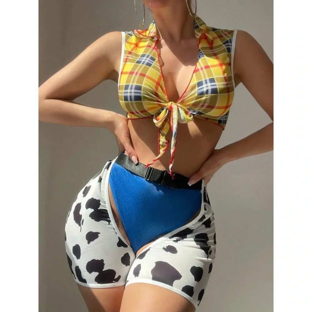 Cowgirl Plaid Animal Print Cosplay Festival Halloween Cheeky Costume 3-Piece Set